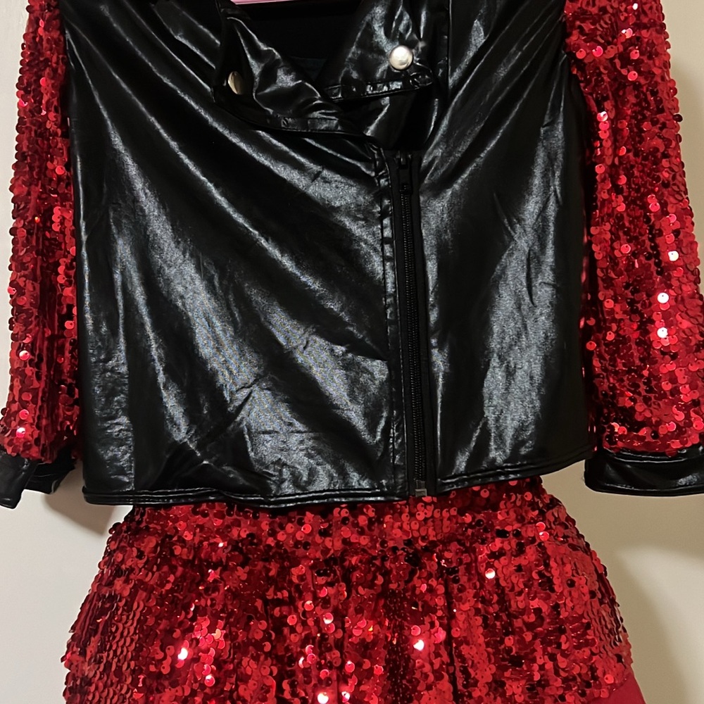 Black Faux Leather Jacket with Red Sequin Dress